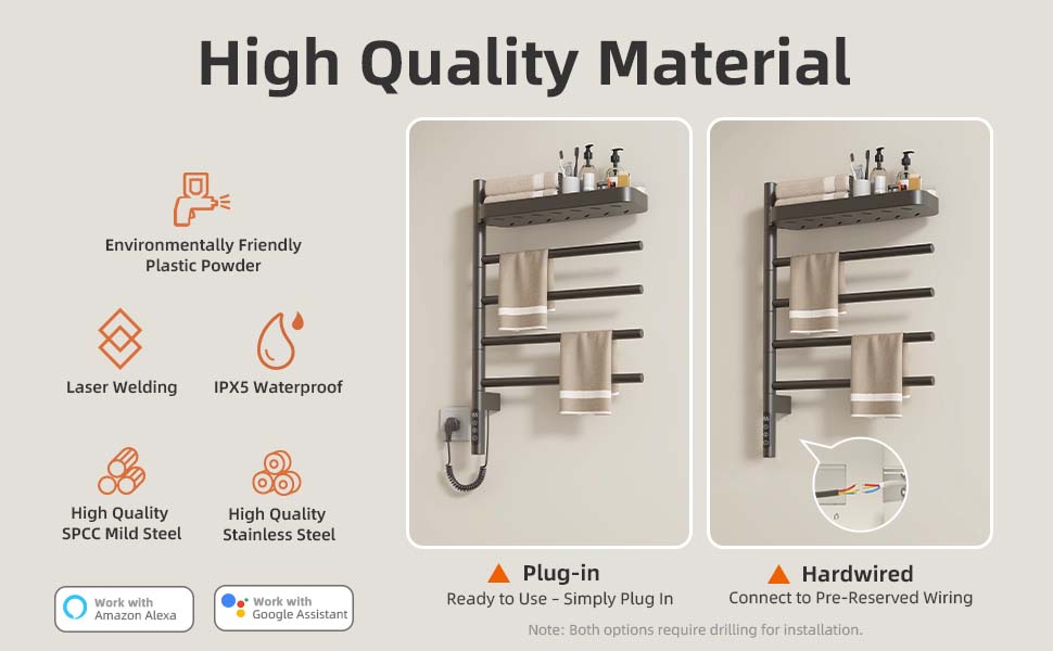 SIOYIE Smart Rotating Heated Towel Rack For Bathroom, Wall-Mounted Electric Towel Dryer With Swivel Bars & Shelf, Smart Timer, Low Carbon Steel, Plug-in/Hardwired, Towel Warmer With Wi-Fi App Control_voghion.com